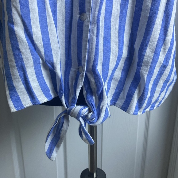 Ava Viv Blue White Vertical Striped Shirt V-Neck  Short Sleeve Tie Waist NWOT - Picture 3 of 8